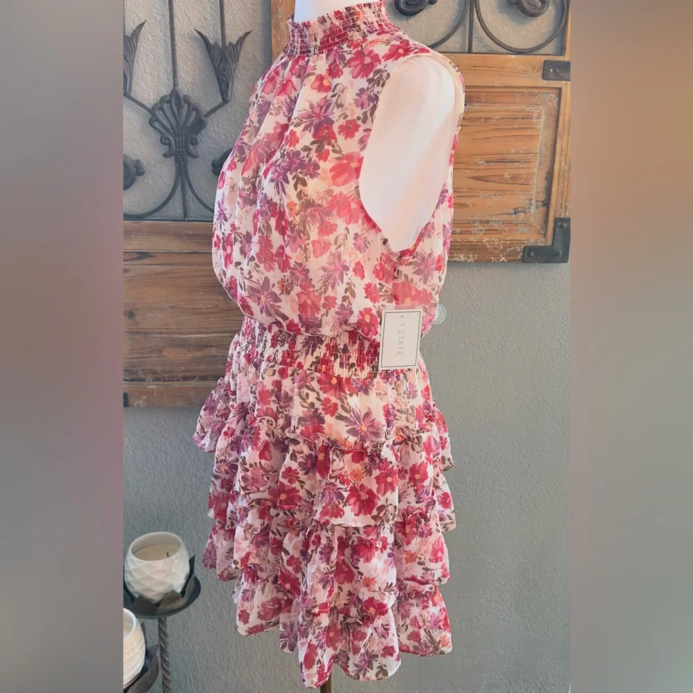 NWT 1. State Floral High Shirred Neck Sleeveless Ruffle Skirt Mini Dress -Sz XL - Picture 3 of 16